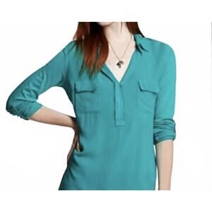 Teal Long Sleeve Casual Blouse with Pockets